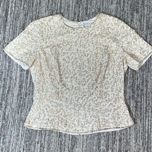 Nahdree Blacktie Womens Size 8P 100% Silk Embellished‎ Top Cream Short Sleeve - Picture 1 of 7